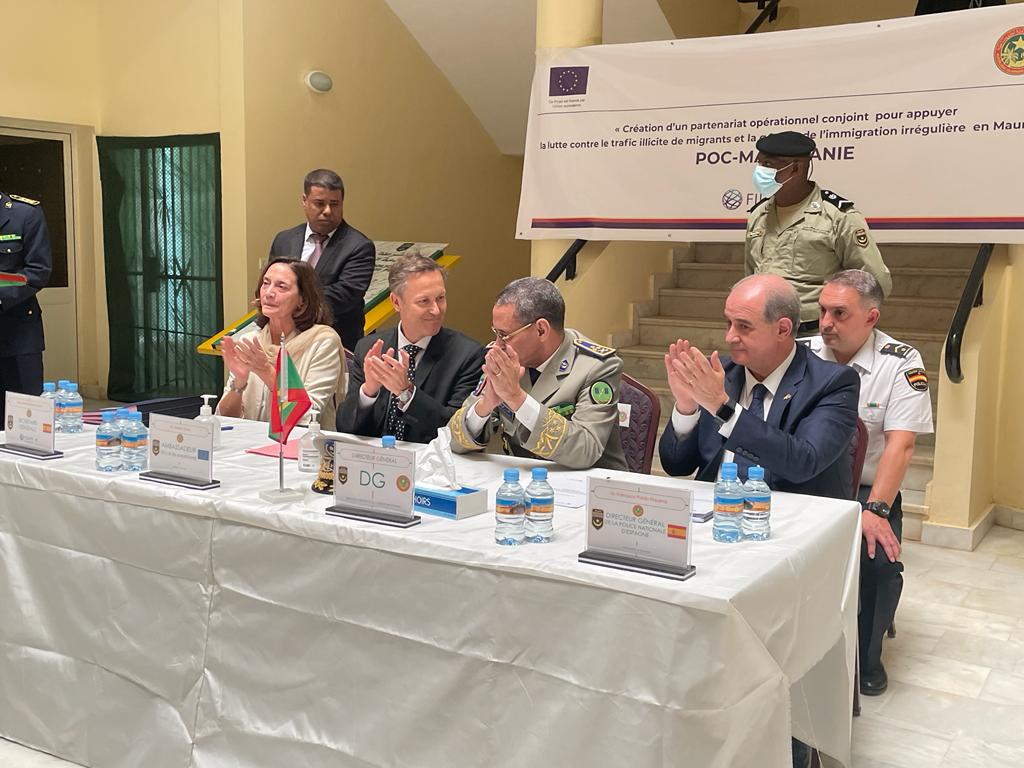 Presidenta de la Secretaría General de la FIIAPP; el delegado de la DUE de Mauritania; el director de seguridad nacional y director general Policía